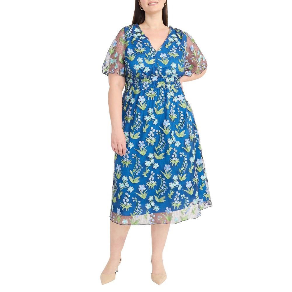 NWT Maggy London Teal Sz 16 Floral Embroidered Overlay Flutter Sleeve Midi Dress